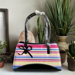 Colorful Striped Shoulder Bag with Black Trim